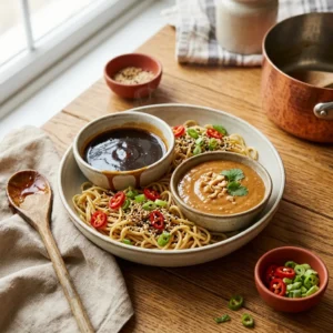 Asian Sauces hub hero, glossy teriyaki and peanut sauces with sesame, chili and scallions over noodles