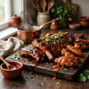 BBQ, Wing & Hot Sauces hub hero, glossy BBQ and buffalo sauces brushed over ribs and wings