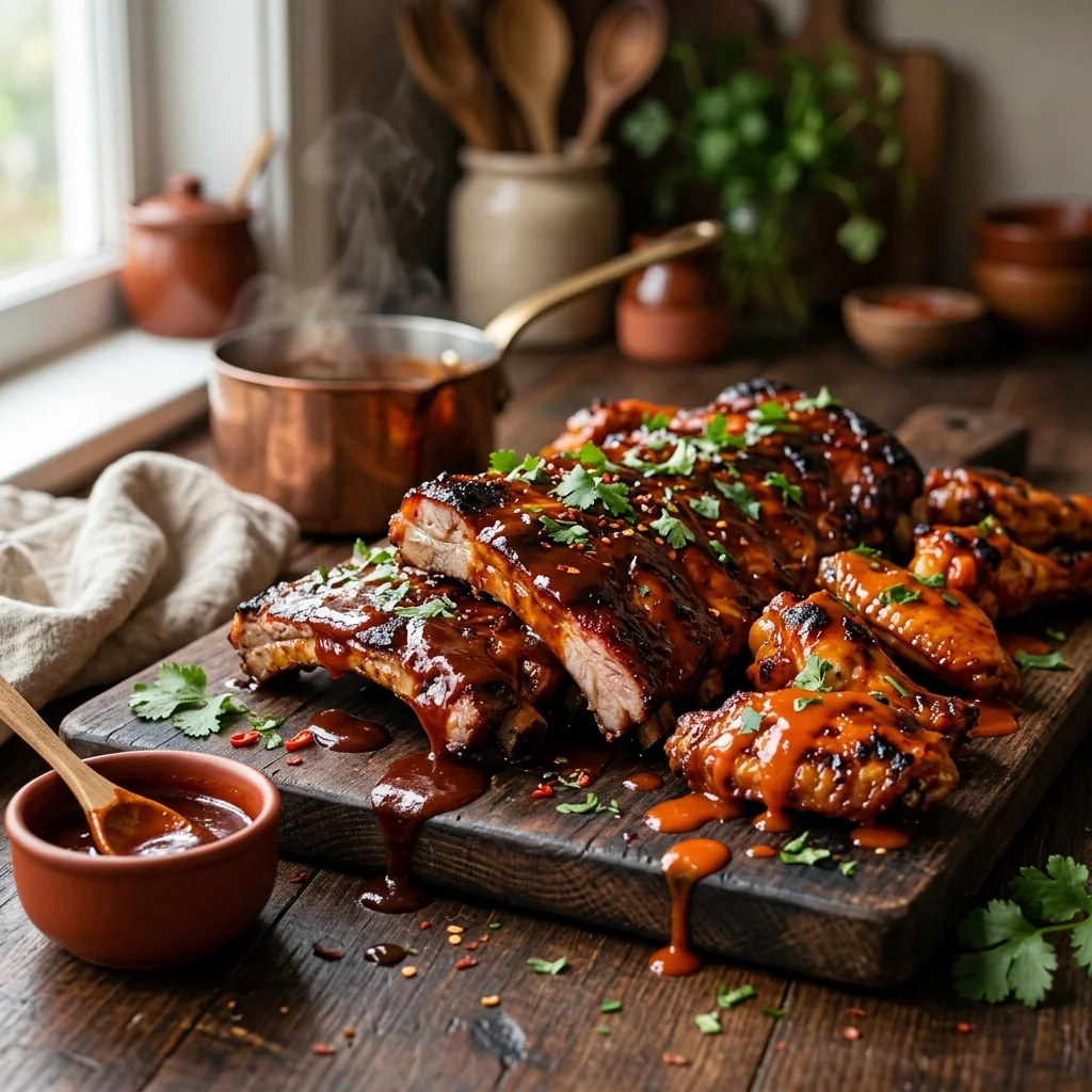 BBQ, Wing & Hot Sauces hub hero, glossy BBQ and buffalo sauces brushed over ribs and wings