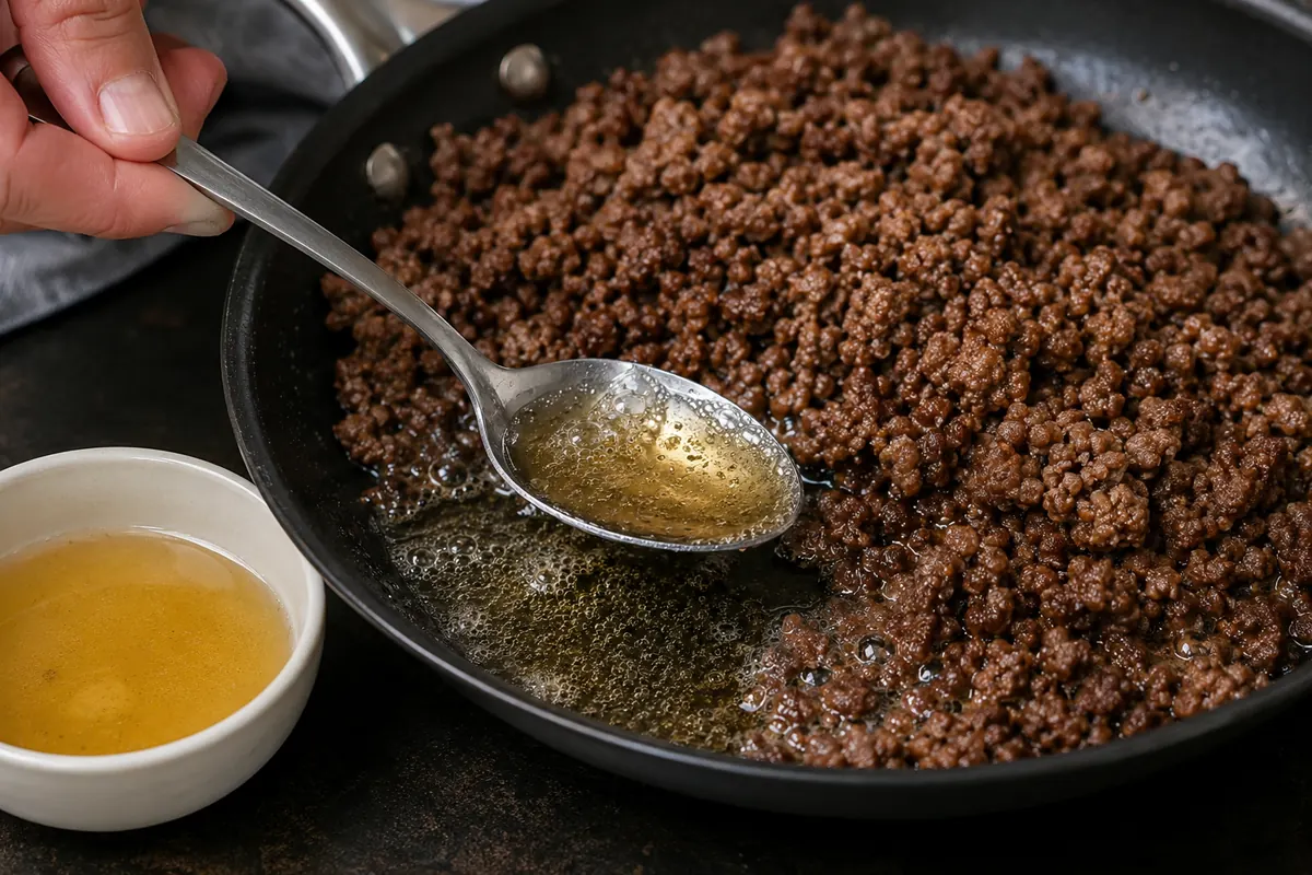 Browning and draining ground beef Lean ground beef browning in a skillet with rendered fat being drained off