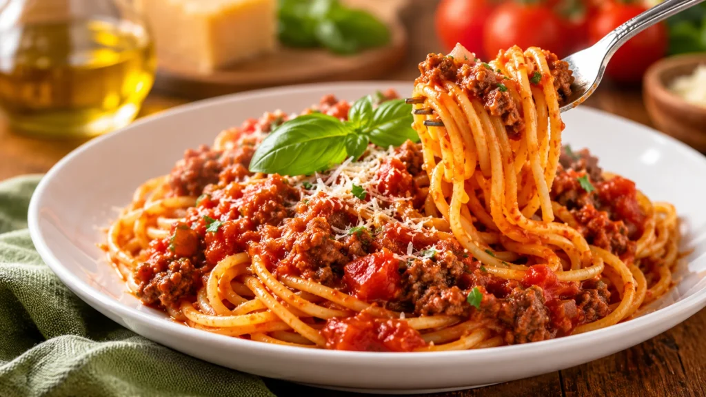 A plated portion of spaghetti topped with beef and tomato meat sauce and grated Parmesan