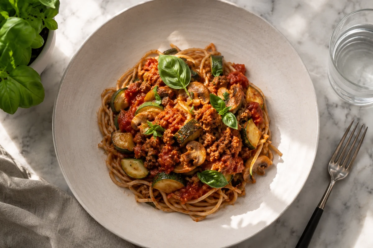 Lighter spaghetti plate with vegetables A lighter spaghetti plate with whole wheat pasta, vegetables, and lean turkey meat sauce