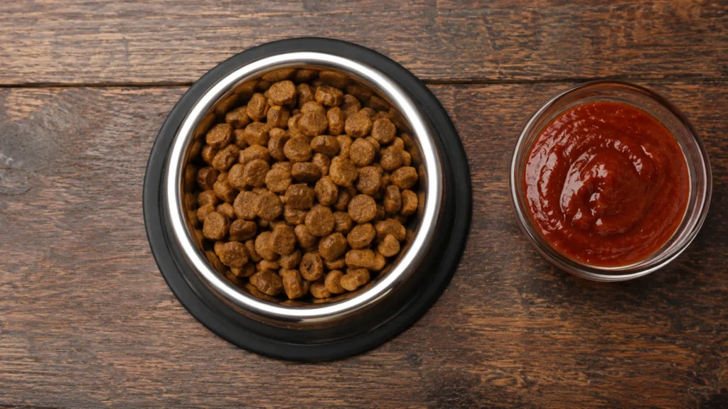 Can dogs have barbecue sauce, beautifully styled overhead food photograph