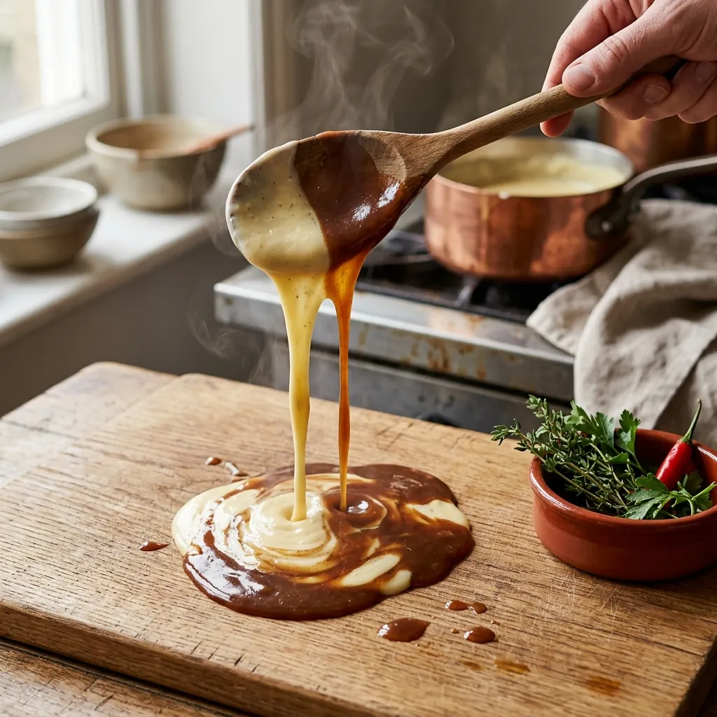 Cheese, Cream & Gravy hub hero, a silky cheese sauce and rich brown gravy poured from a spoon