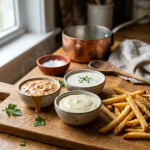 Dips, Spreads & Copycat hub hero, creamy dipping sauces in small bowls beside golden fries