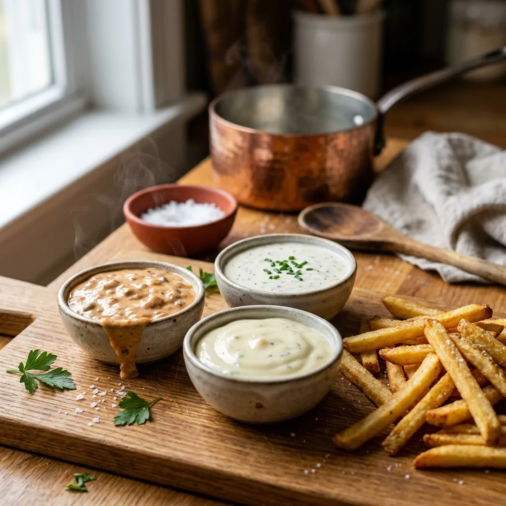 Dips, Spreads & Copycat hub hero, creamy dipping sauces in small bowls beside golden fries