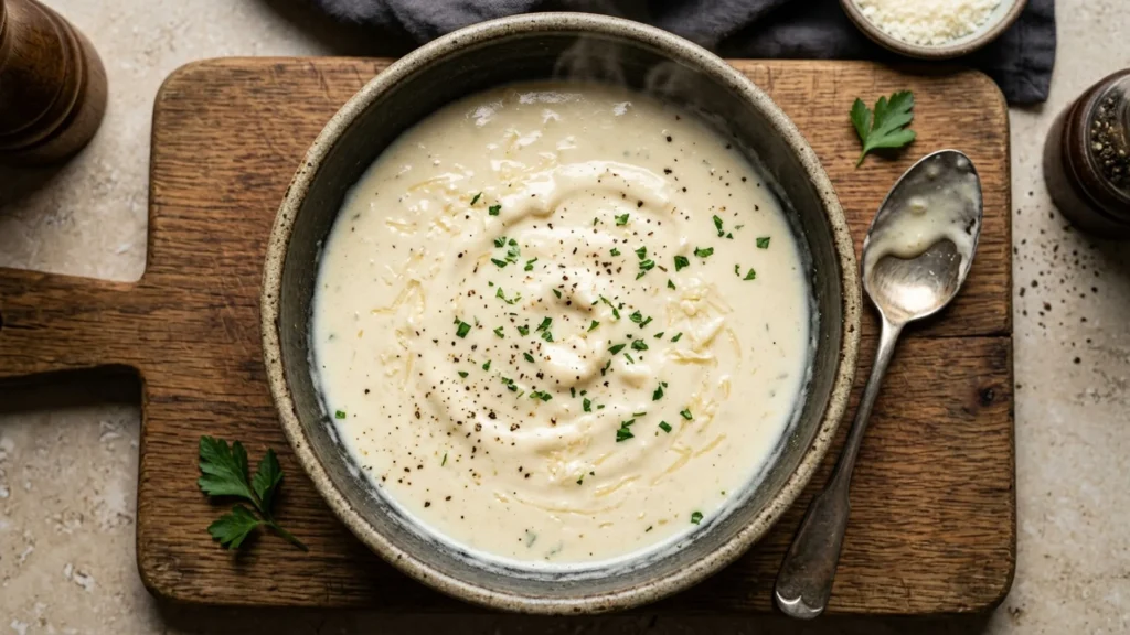 Homemade alfredo sauce, beautifully styled overhead food photograph