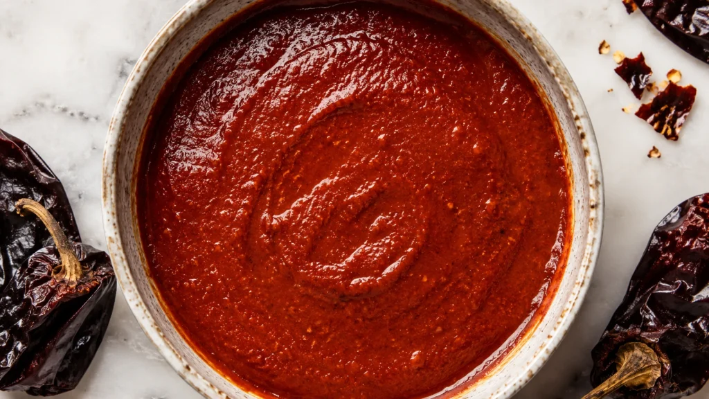 Homemade enchilada sauce, beautifully styled overhead food photograph