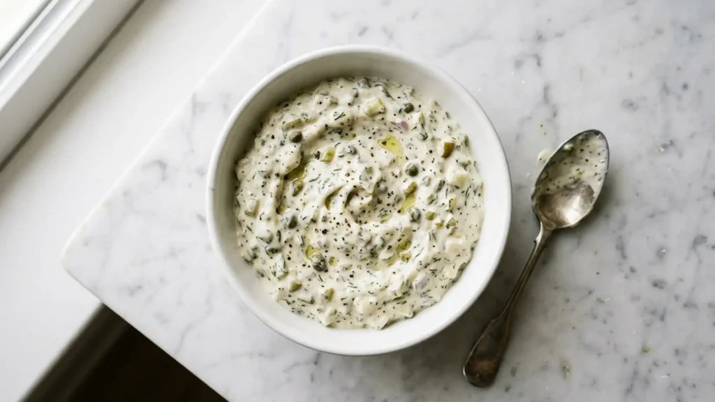 Homemade tartar sauce, beautifully styled overhead food photograph