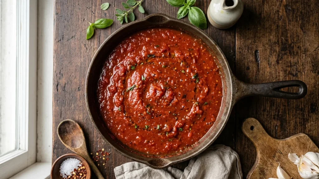 Homemade tomato sauce, beautifully styled overhead food photograph