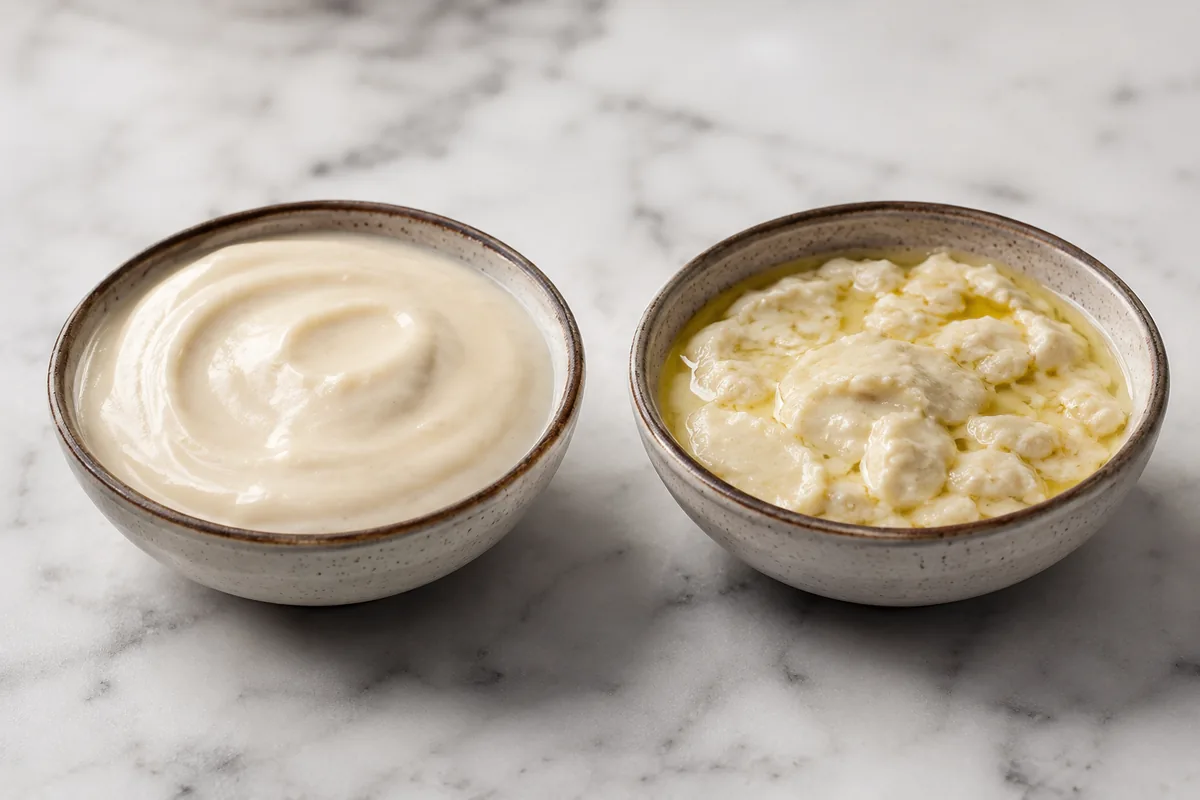 Comparison of glossy smooth alfredo sauce next to a broken grainy oily version
