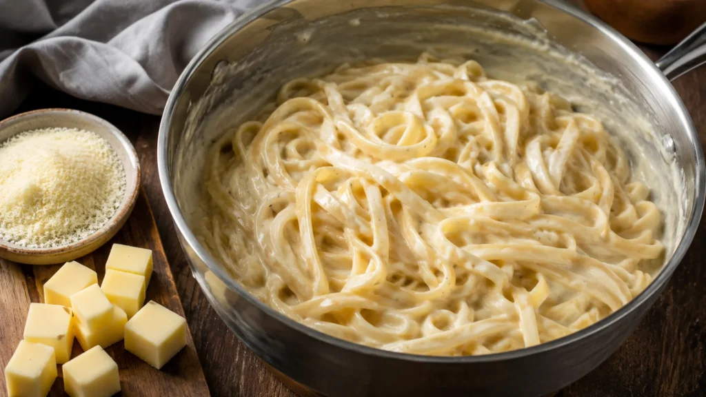 Silky homemade alfredo sauce coating fettuccine in a stainless steel pan