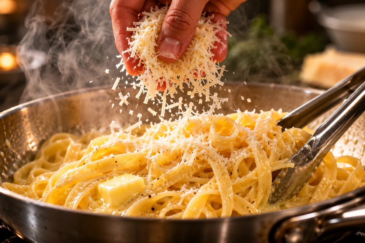 Hand tossing fettuccine with butter and grated Parmesan off the heat to emulsify alfredo