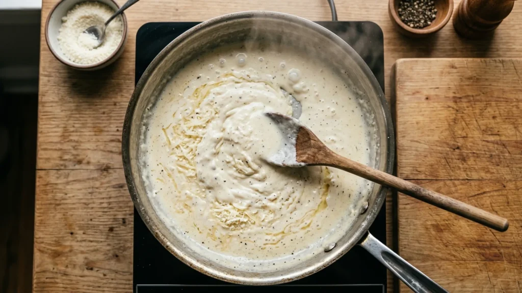 Making alfredo sauce with milk, beautifully styled overhead food photograph