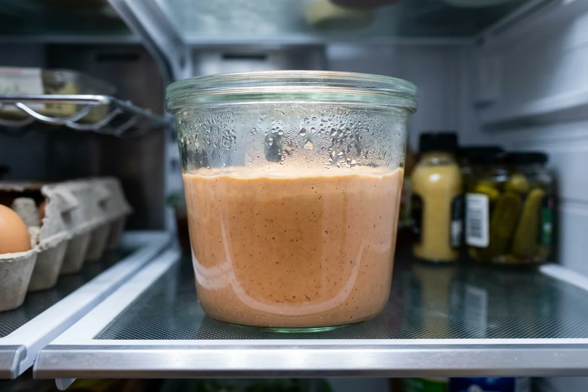Finished Cane's sauce resting in a covered container in the fridge