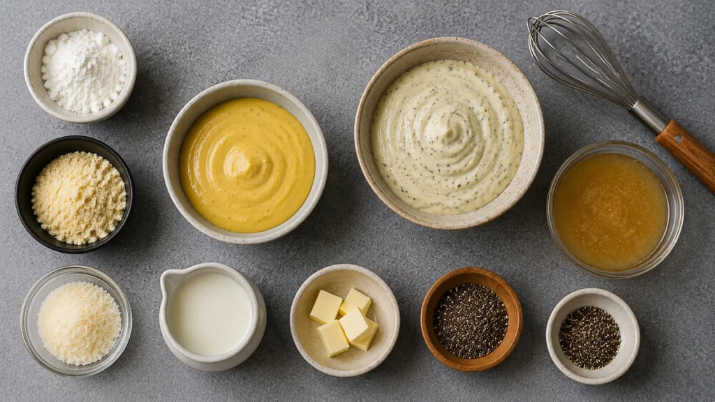 Thickening sauce, beautifully styled overhead food photograph
