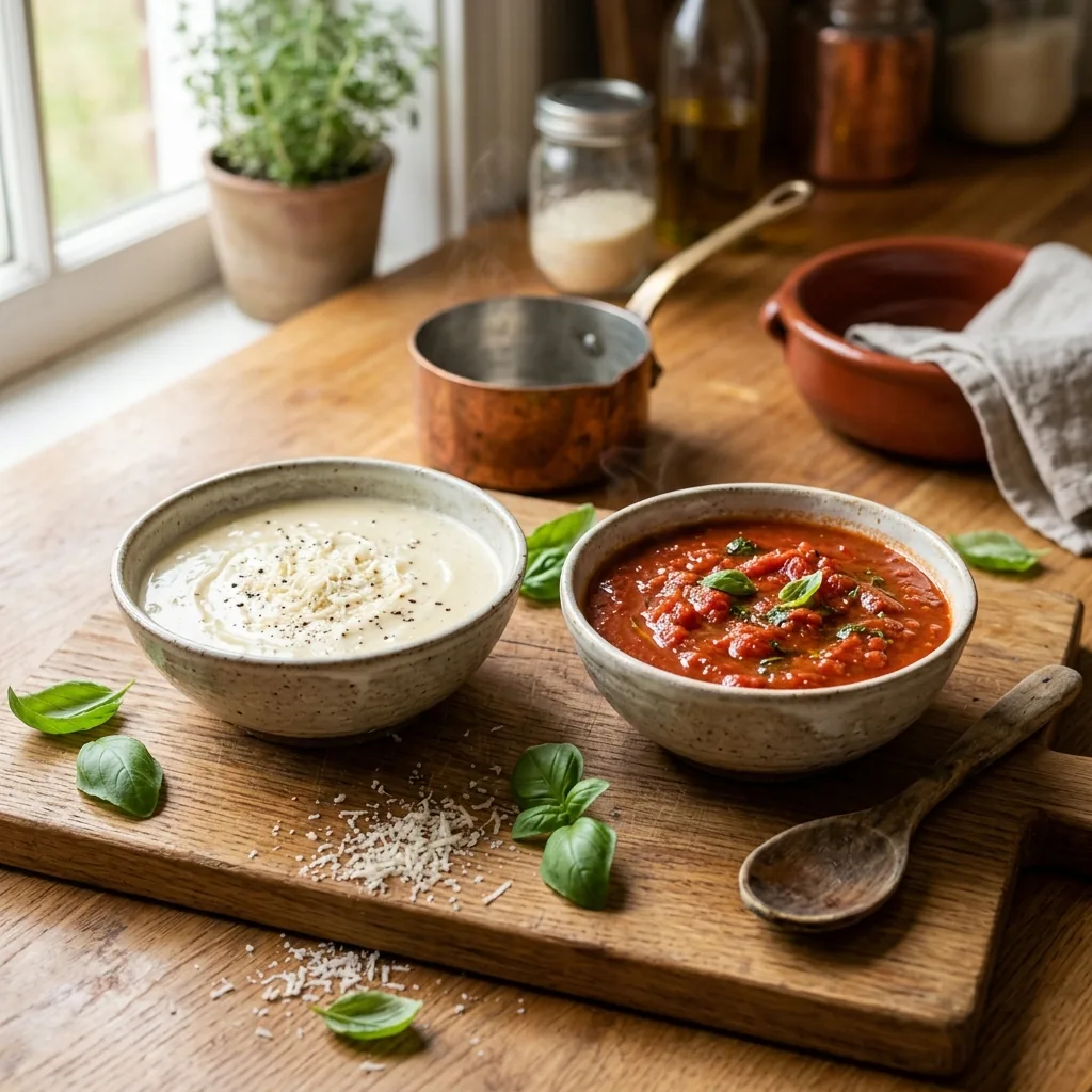 Italian & Pasta Sauces hub hero, creamy alfredo and red marinara in rustic bowls with basil and parmesan