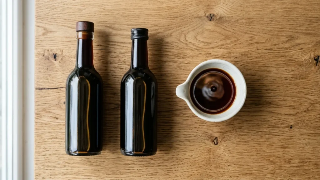 Soy and gluten free soy sauce, beautifully styled overhead food photograph