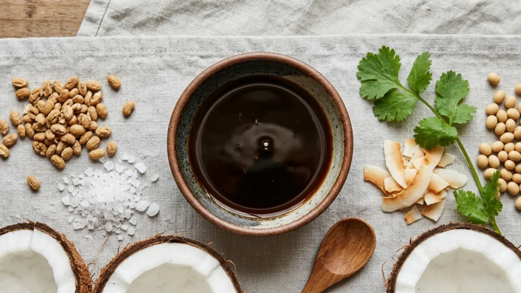 Substitute for soy sauce, beautifully styled overhead food photograph
