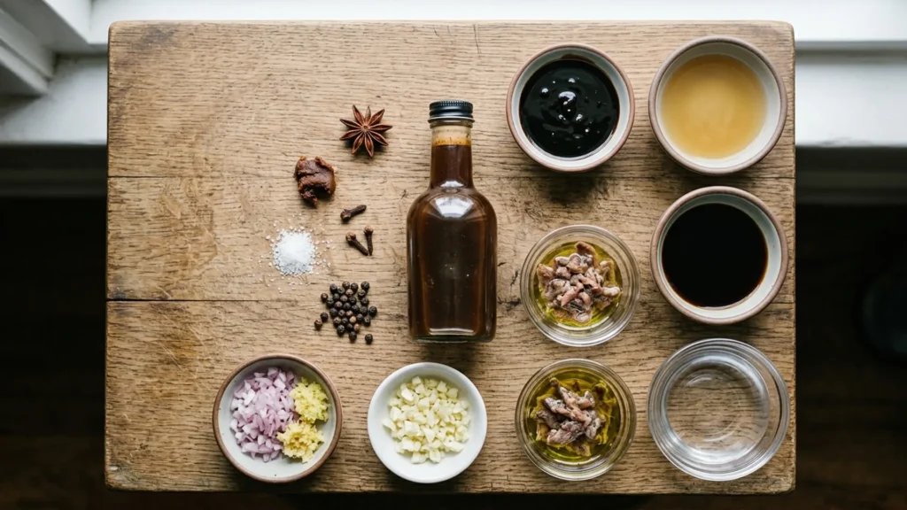 Substitute for worcestershire sauce, beautifully styled overhead food photograph