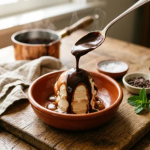 Sweet & Dessert Sauces hub hero, glossy caramel and chocolate sauces dripping over vanilla ice cream