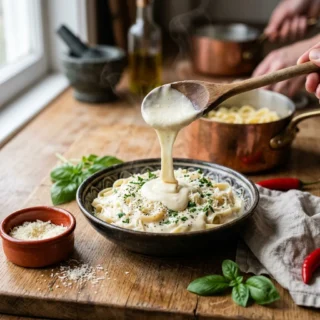 Alfredo, a bowl of creamy alfredo sauce being lifted on a spoon with grated parmesan