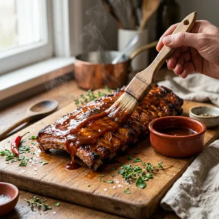 BBQ Sauce, a brush coating ribs with glossy homemade bbq sauce