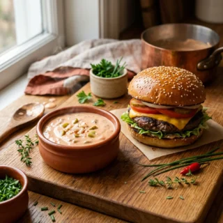 Big Mac, a bowl of creamy big mac special sauce beside a burger