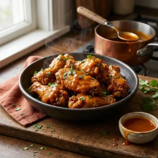 Buffalo Sauce, glossy buffalo sauce tossed over crispy wings