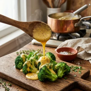 Cheese Sauce, a silky cheese sauce poured from a spoon over broccoli