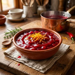 Cranberry, a bowl of glossy red cranberry sauce with orange zest