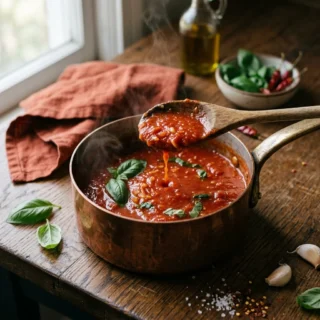 Marinara, a pot of rich red marinara sauce with fresh basil and a wooden spoon