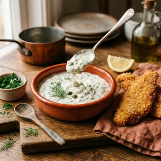 Tartar Sauce, a bowl of creamy tartar sauce with herbs beside fried fish
