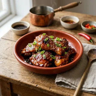 Teriyaki, glossy teriyaki sauce coating chicken with sesame and scallions