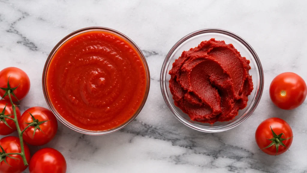 Tomato sauce vs paste, beautifully styled overhead food photograph