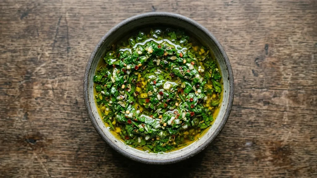 In chimichurri sauce, beautifully styled overhead food photograph