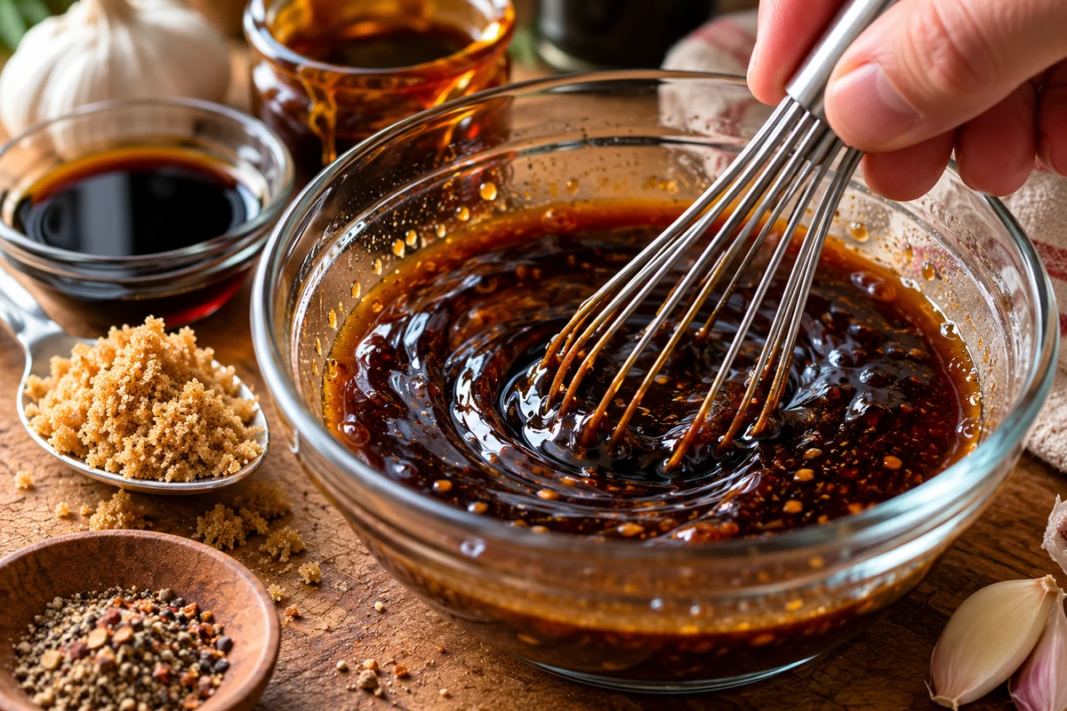 Whisking a homemade worcestershire blend Hand whisking a dark homemade worcestershire sauce substitute with soy sauce and molasses