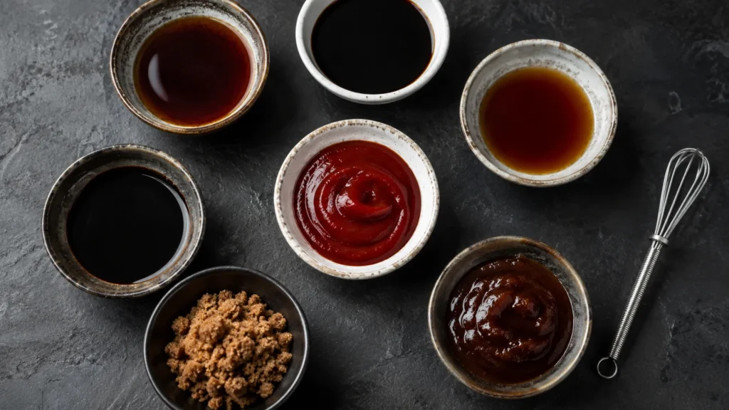 Flat lay of worcestershire sauce substitutes including soy sauce, fish sauce, ketchup, and balsamic vinegar