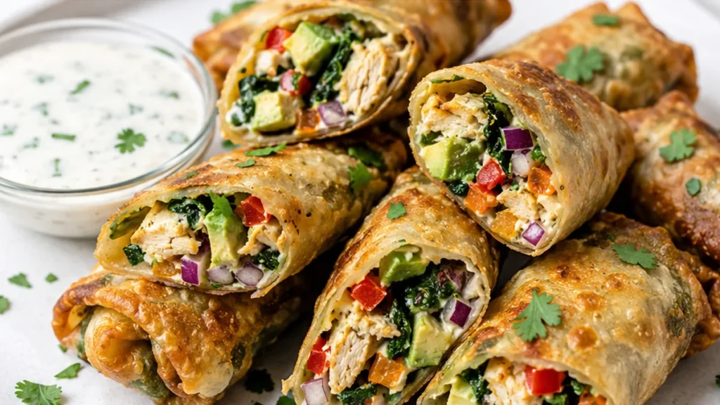 Southwest Egg Rolls: A Flavor Fiesta! Try our easy Southwest Egg Rolls recipe! Packed with seasoned chicken, veggies, and beans, served with a creamy avocado-ra